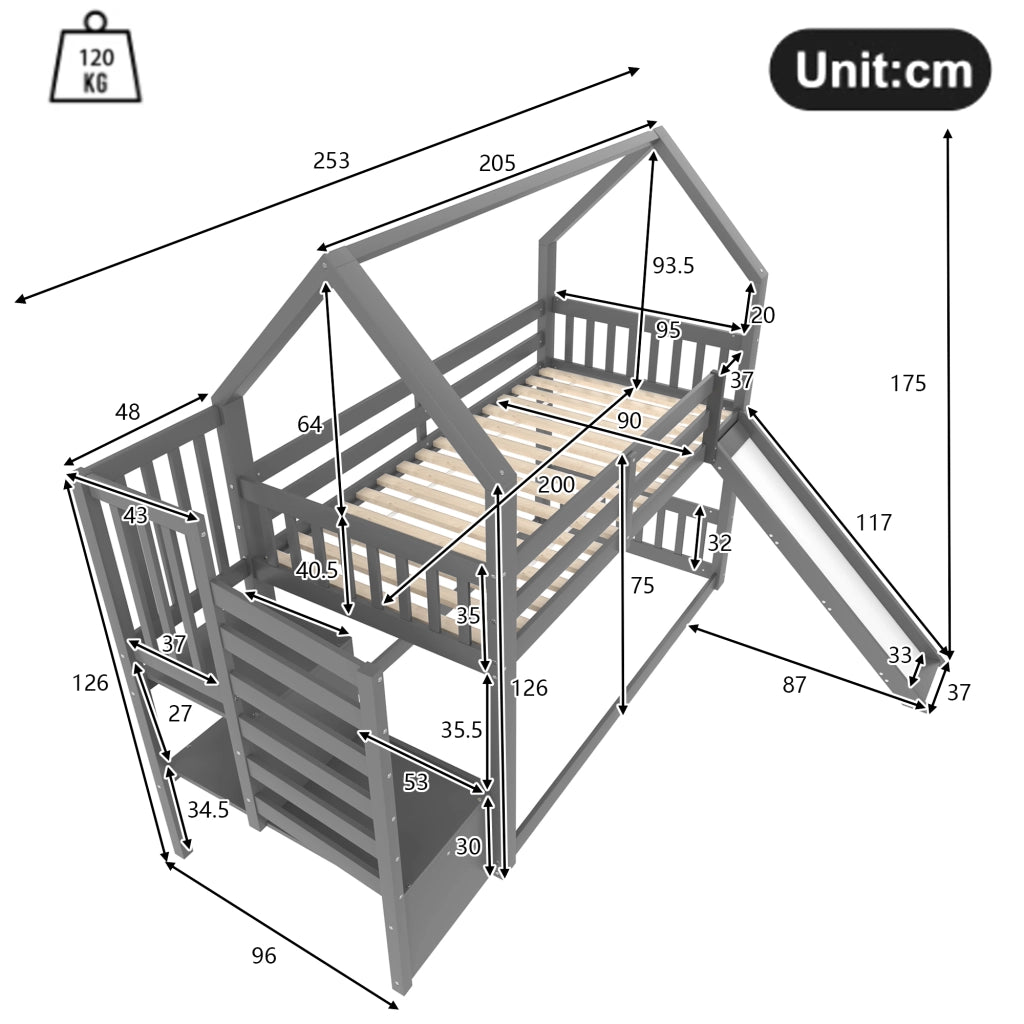 LETTO A CASTELLO CON SCALA E SCIVOLO 90x200 cm GRIGIO SENZA MATERASSO