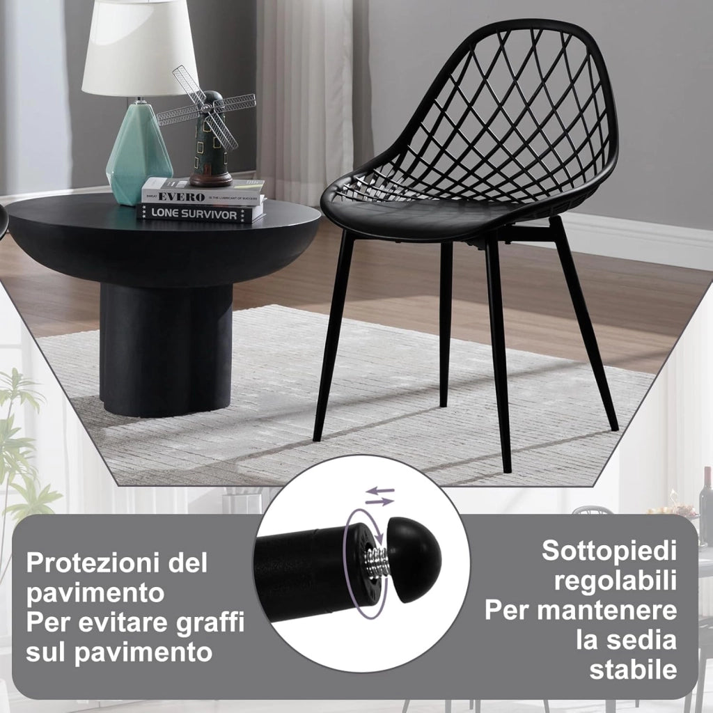 Sedia da Cucina Set da 4, da Pranzo con Schienale Scavato, Seduta in PP e Gambe in Metallo, Stile Scandinavo per Soggiorno, Camera da Letto, Nero, K0017EZS-4