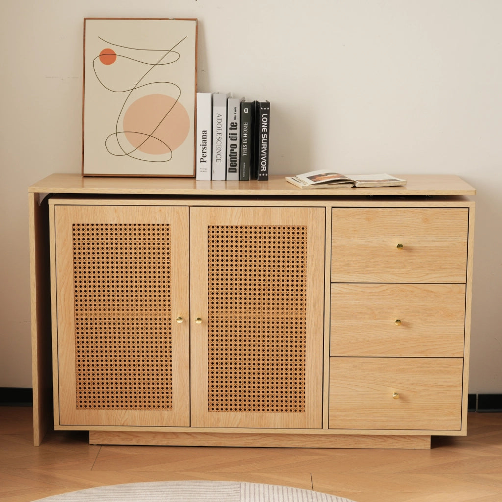 Scrivania angolare con mobile contenitore e piano girevole a 360°, 3 vani e ripiani regolabili, per ufficio, in MDF naturale, 126 × 40 × 75 cm
