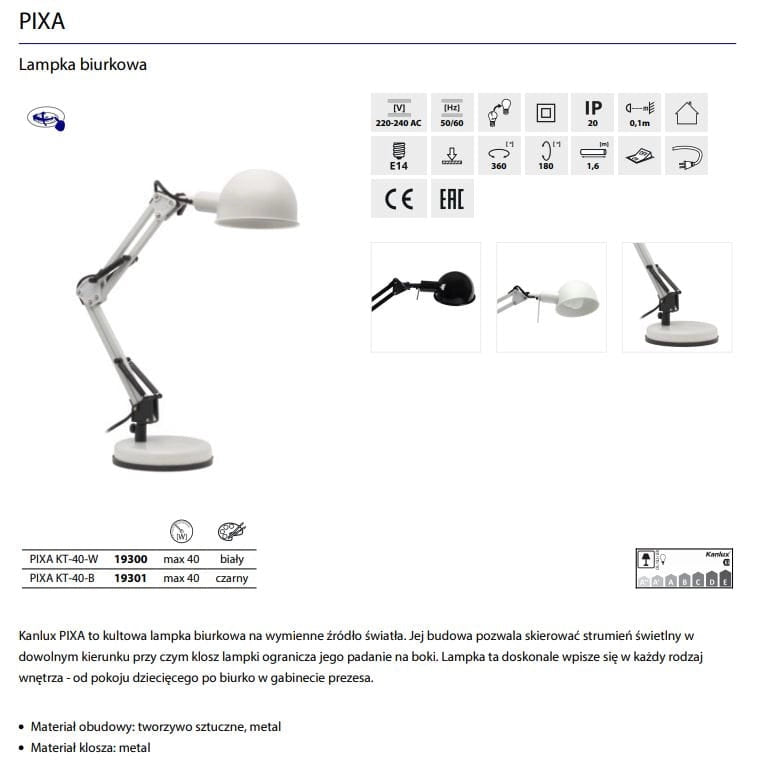 Lampada da scrivania Kanlux PIXA 19300 bianca E14 40W