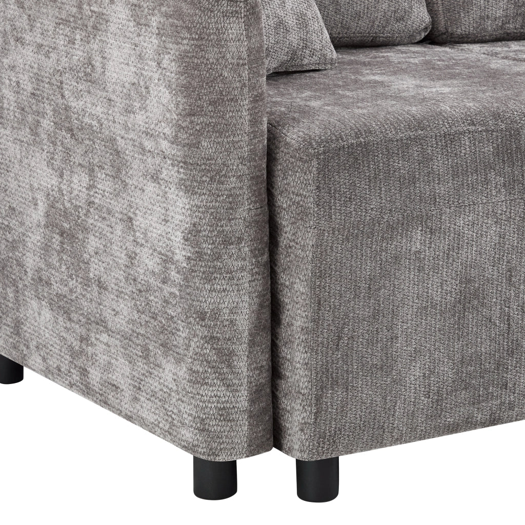 Divano angolare a 3 posti con chaise longue in chenille grigio, 2 cuscini e struttura in legno per piccoli spazi