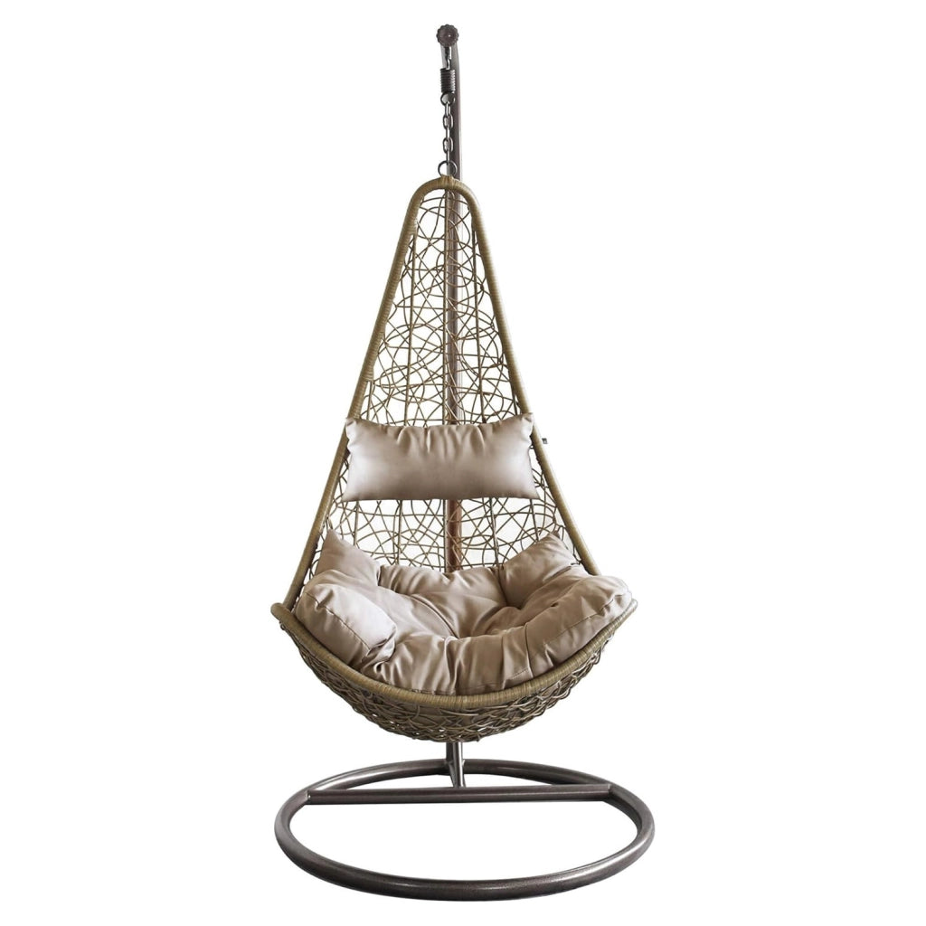 Poltrona Sospesa Da Giardino Con Struttura Autoportante In Metallo Seduta In Polyrattan Con Cuscino E Poggiatesta Arredo Outdoor Terrazza Balcone E Veranda 105 x 195 Cm Beige