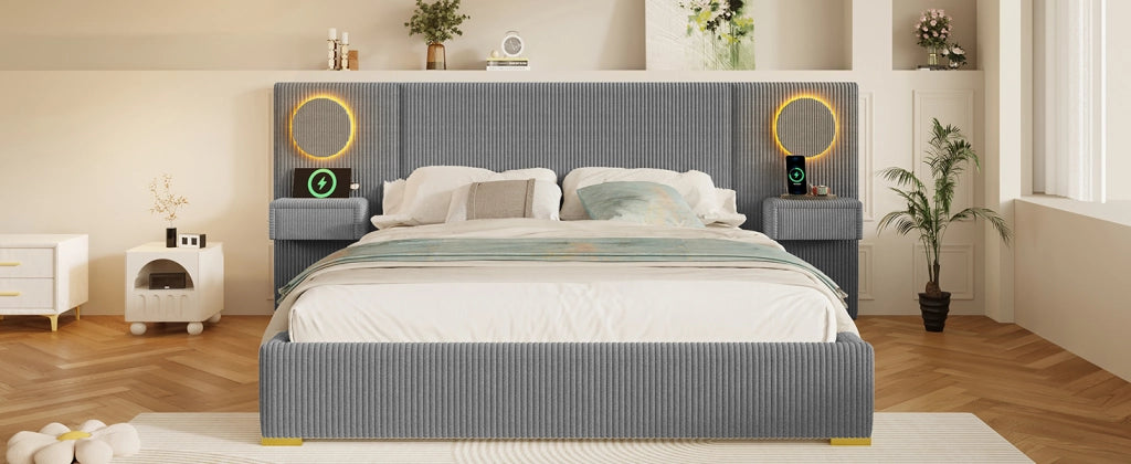 Letto imbottito 180 × 200 cm con testiera LED, USB e cassetti laterali, senza materasso, in velluto, grigio