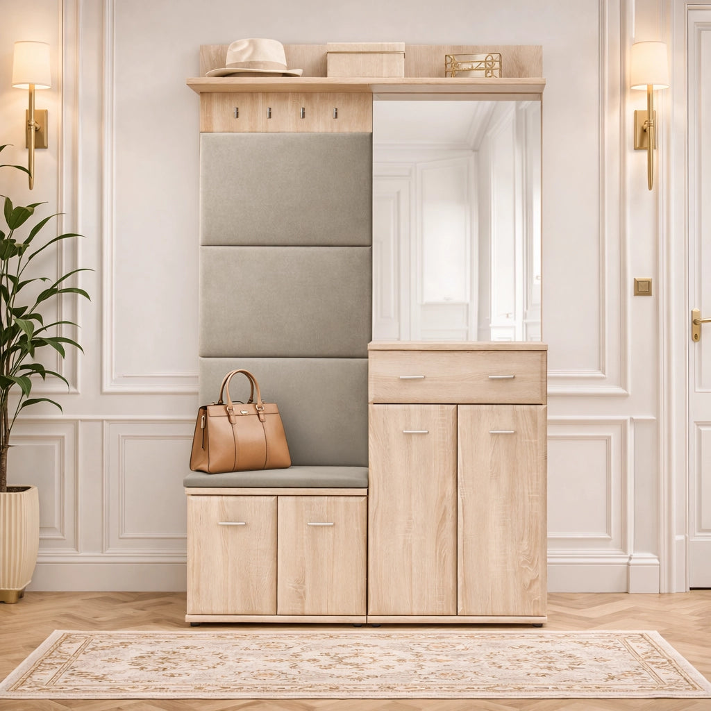 Mobile Ingresso Scarpiera Appendiabiti Imbottito Set Entrata Anta Specchio Vani Guardaroba Ganci Mobiletto Contenitore Multifunzione Salvaspazio Corridoio Casa Design Moderno 120 x 32 x 203 Cm Rovere