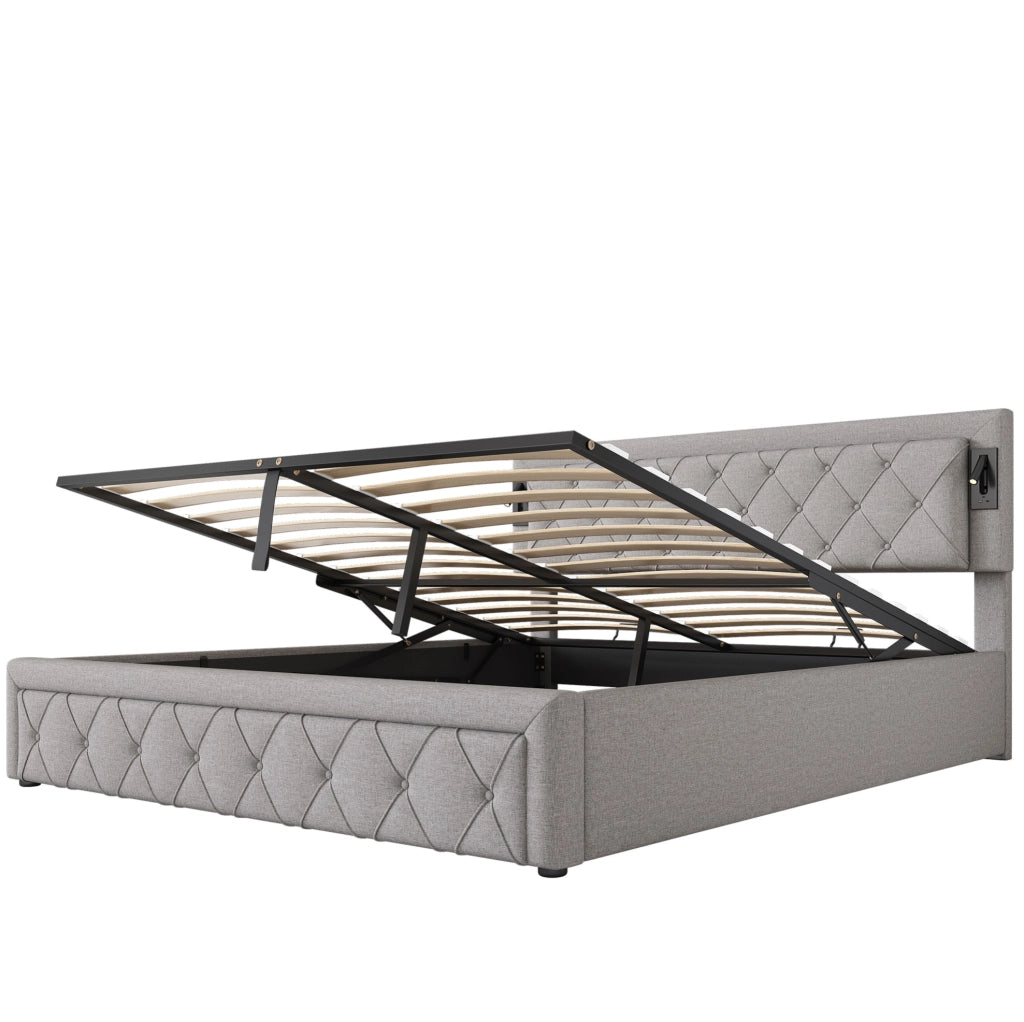 Letto matrimoniale imbottito 180x200 cm con luci da lettura e porte USB; contenitore; grigio in lino