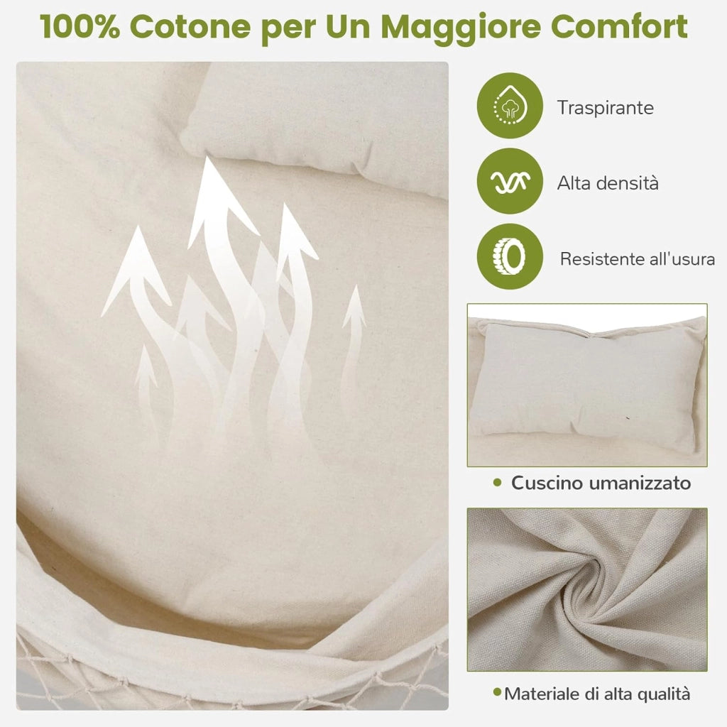 Sedia Amaca Sospesa con Supporto, Sedia Sospesa Regolabile in Altezza 6 Livelli, Supporto Porta Cellulare, Tasca Laterale, Cuscino, Portata 250 kg (Beige)