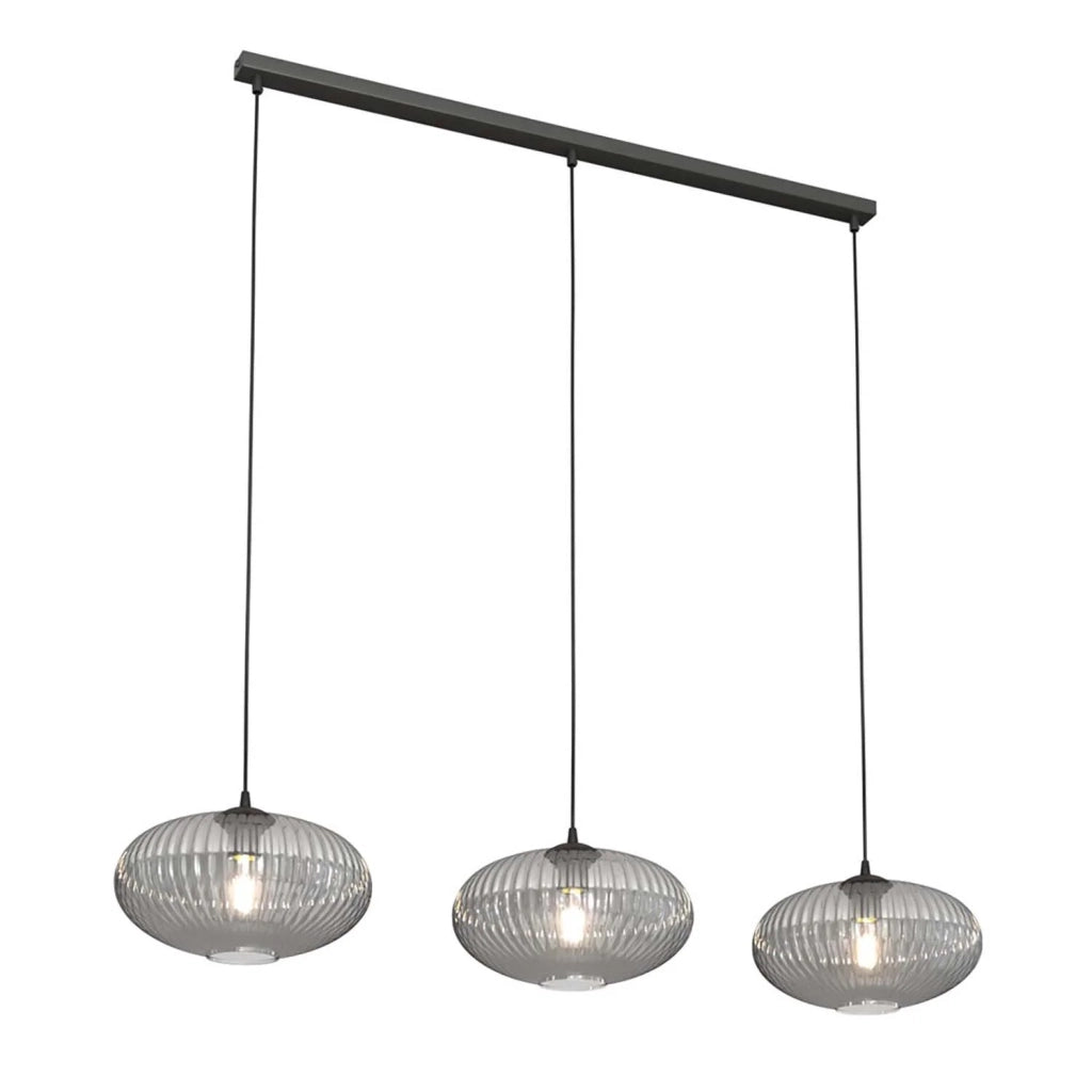 Lampadario 3 Luci Iris In Acciaio Nero Paralume Plissettato Fumè