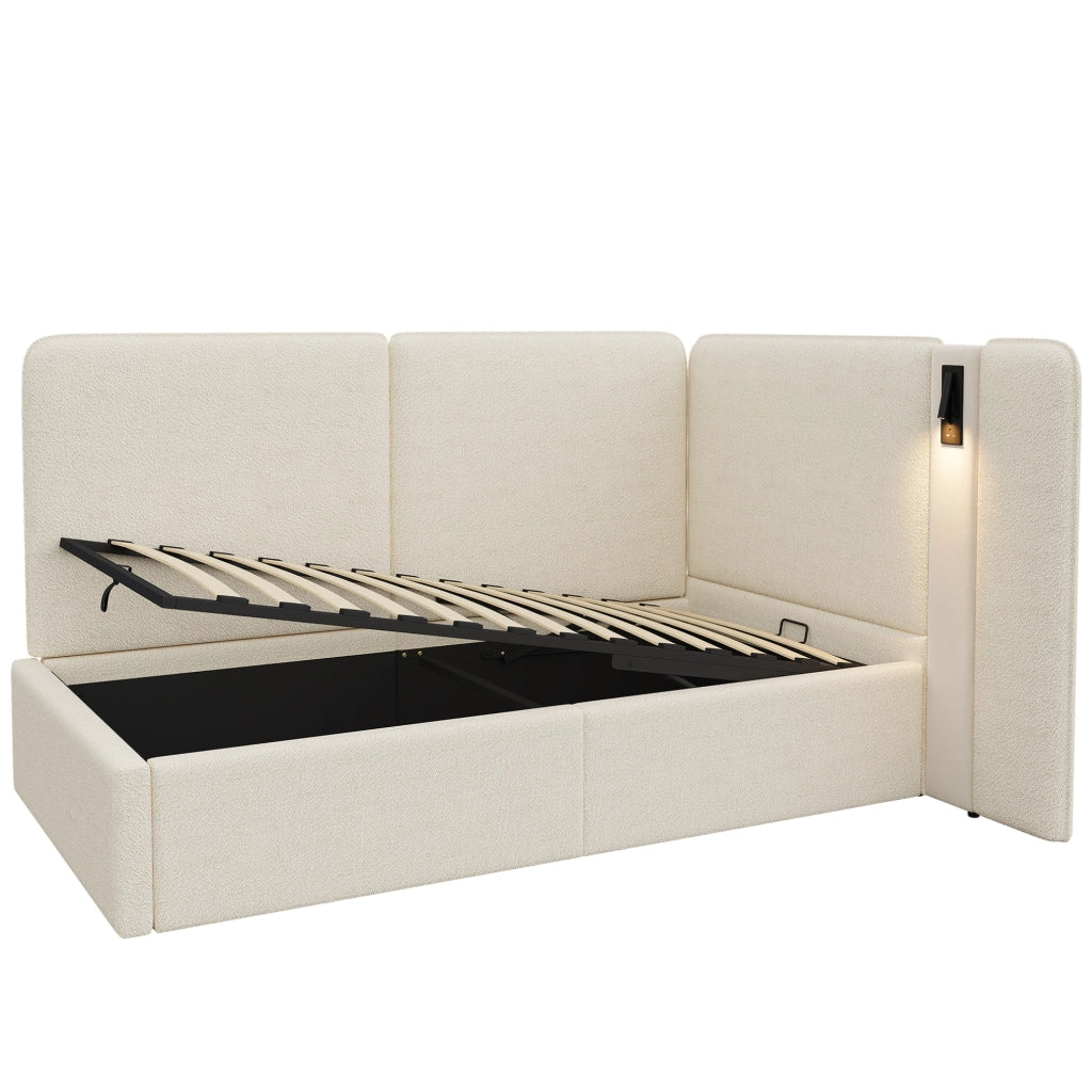 Letto contenitore 90x200 cm con lampada da lettura; USB e Type-C; bouclé beige