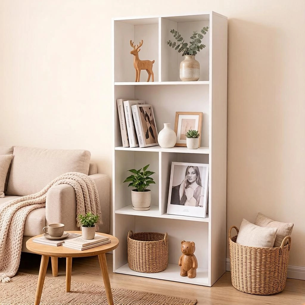 Libreria da terra bianca con 6 scomparti, struttura in MDF, 50 x 30 x 118 cm
