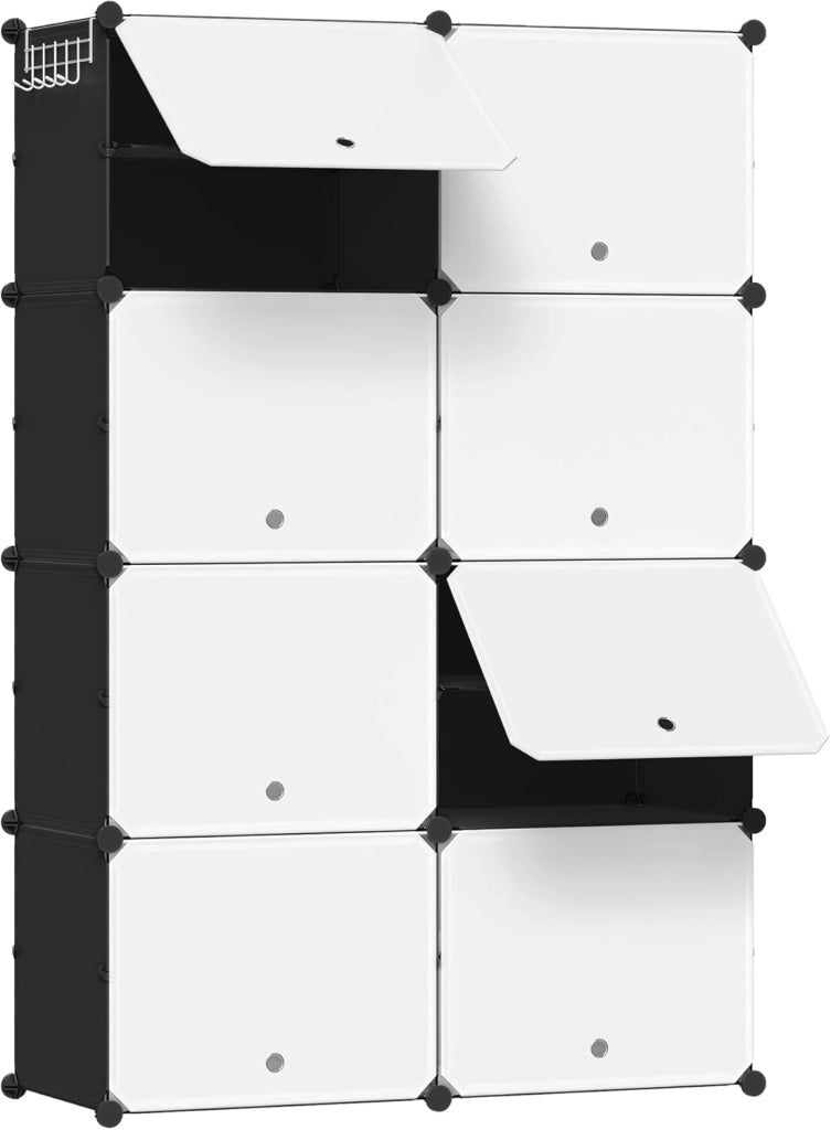 Scarpiera da Ingresso, Porta Scarpe con 8 Scomparti, Scarpiera Modulare per 32 Paia di Scarpe, Contenitore per Scarpe con Porte, in Plastica e Metallo, Bianco + Nero, 35x35x45cm/Scomparto