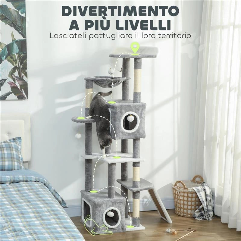 ALBERO TIRAGRAFFI PER GATTI CON 2 CASETTE, RAMPA, TRESPOLI E 4 PALLINE, 48X40X165 CM, GRIGIO E BIANCO