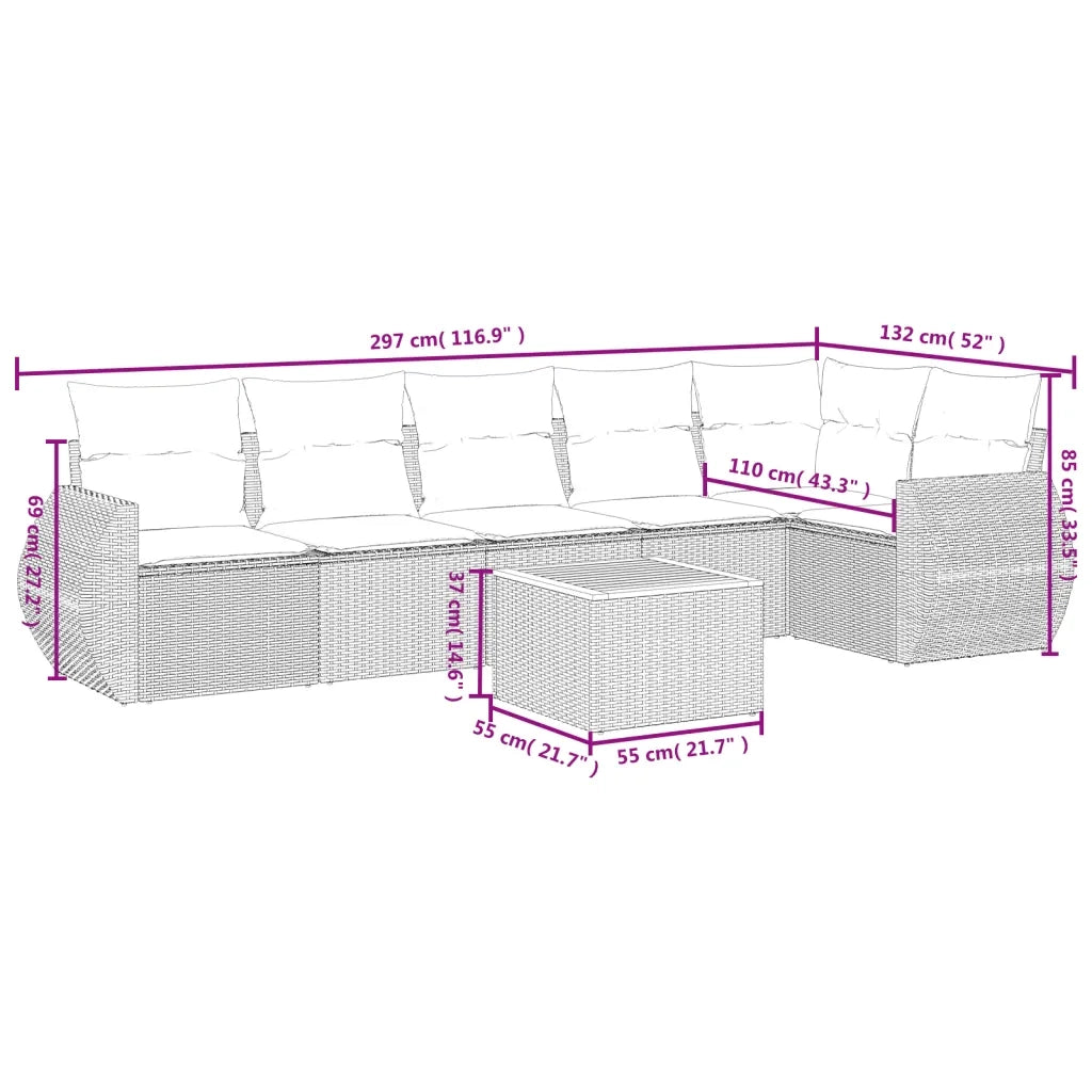 Set Divani da Giardino 7 pz con Cuscini Beige in Polyrattan