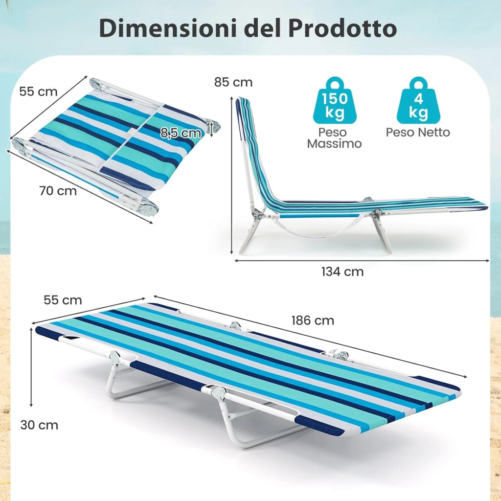 Set di 2 Lettino da Spiaggia Pieghevole, Sedia Reclinabile da Spiaggia a 5 Posizioni con Cinghia, Sedia a Sdraio Portatile da Campeggio Patio, Portata 150 kg (A Righe)