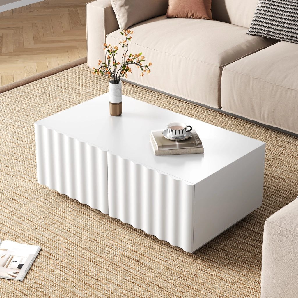 Tavolino basso moderno con 2 cassetti e frontale effetto onda per soggiorno in MDF e pannello truciolare bianco