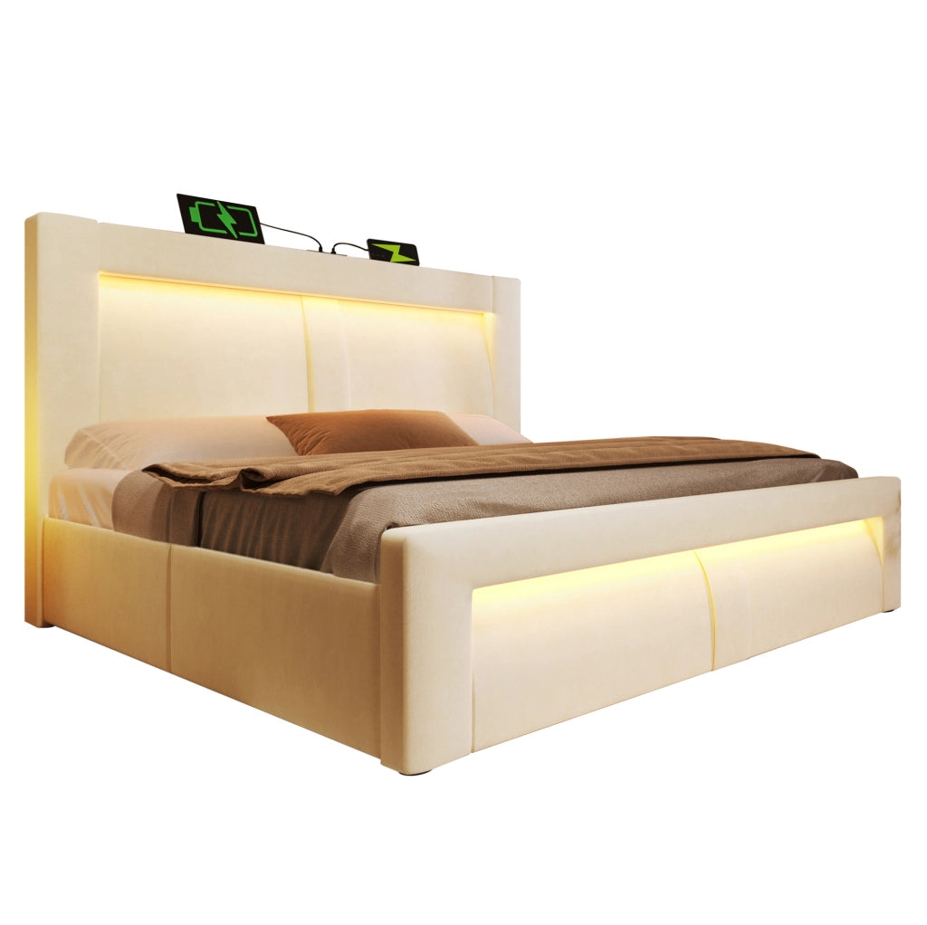 Letto matrimoniale 140x200 cm con contenitore; LED; USB e Type-C; testiera curva in velluto beige
