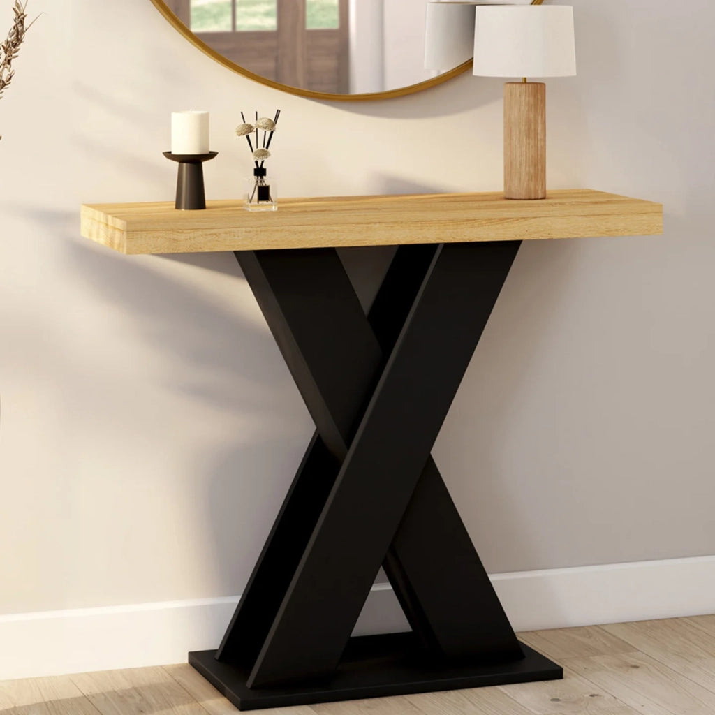 IDMarket - Consolle ALICIA con piano in legno e gamba a X nera