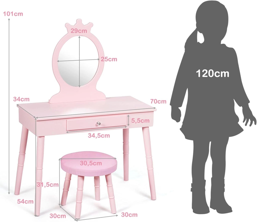Toeletta Trucco per Bambina, Specchiera per Ragazzi in Legno Robusto, Postazione Trucco 2 in 1 Principessa con Cassetto, Sgabello e Specchio Staccabile, 70 x 34 x 100 cm (Rosa)