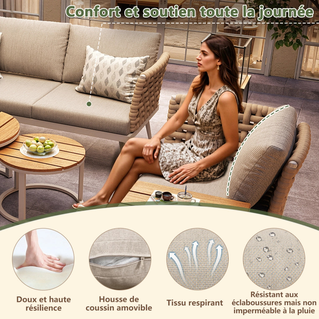 Salotto da Giardino con 2 Divani; Poltrona e 2 Tavolini; Cuscini Inclusi; Ferro; Beige
