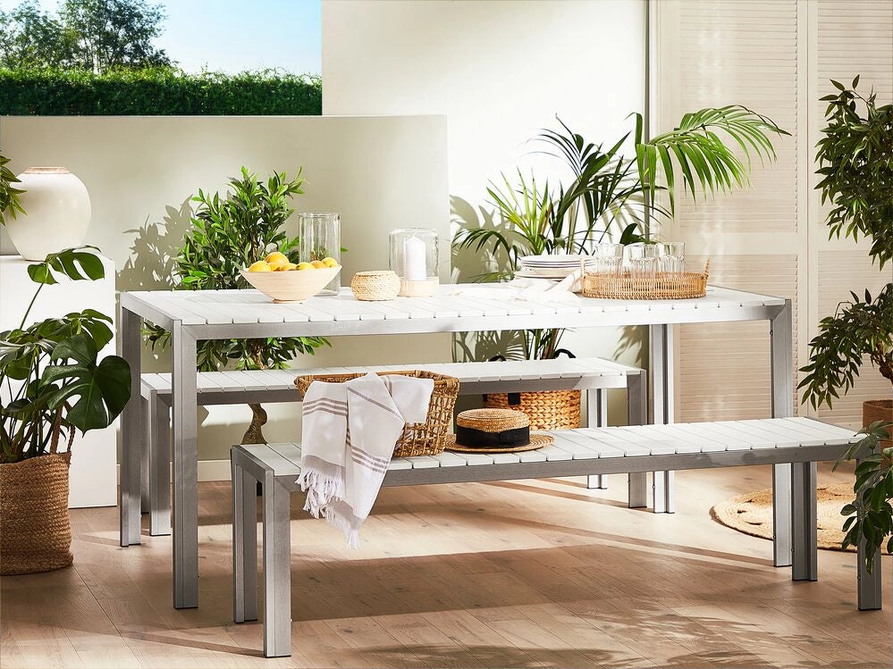 Set da pranzo da giardino bianco da esterno 3 pezzi tavolo rettangolare 2 panche struttura in alluminio spazzolato