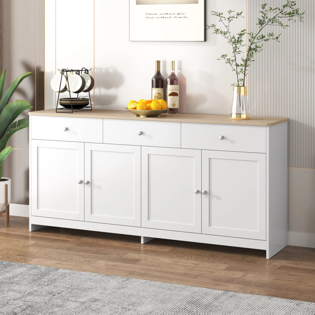 Credenza con 4 Ante e 3 Cassetti; Ripiani Regolabili; Stile Country; in MDF; Bianco; 160??37??75 cm