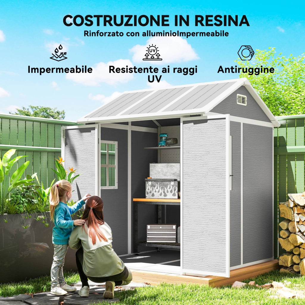 Casetta da Giardino in Resina ¨C Xylo ¨C Grigio, 2 Porte, Finestra, Pavimento, 1.8x1.8m