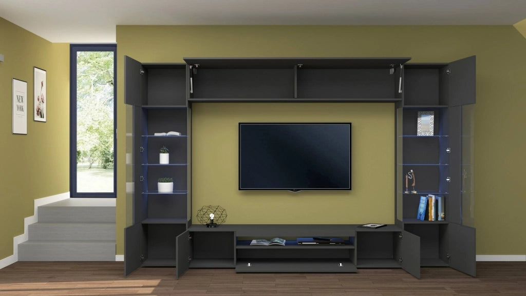 Parete attrezzata Arga, Set salotto porta TV a 6 ante, Mobile soggiorno multiuso con luce LED, 100% Made in Italy, cm 290x40h191, Antracite
