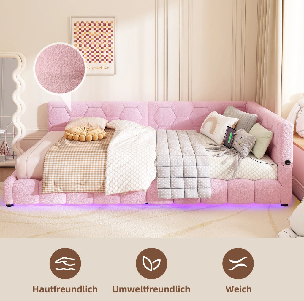 Divano letto 140x200 cm in velluto con LED; USB e Type-C; rosa