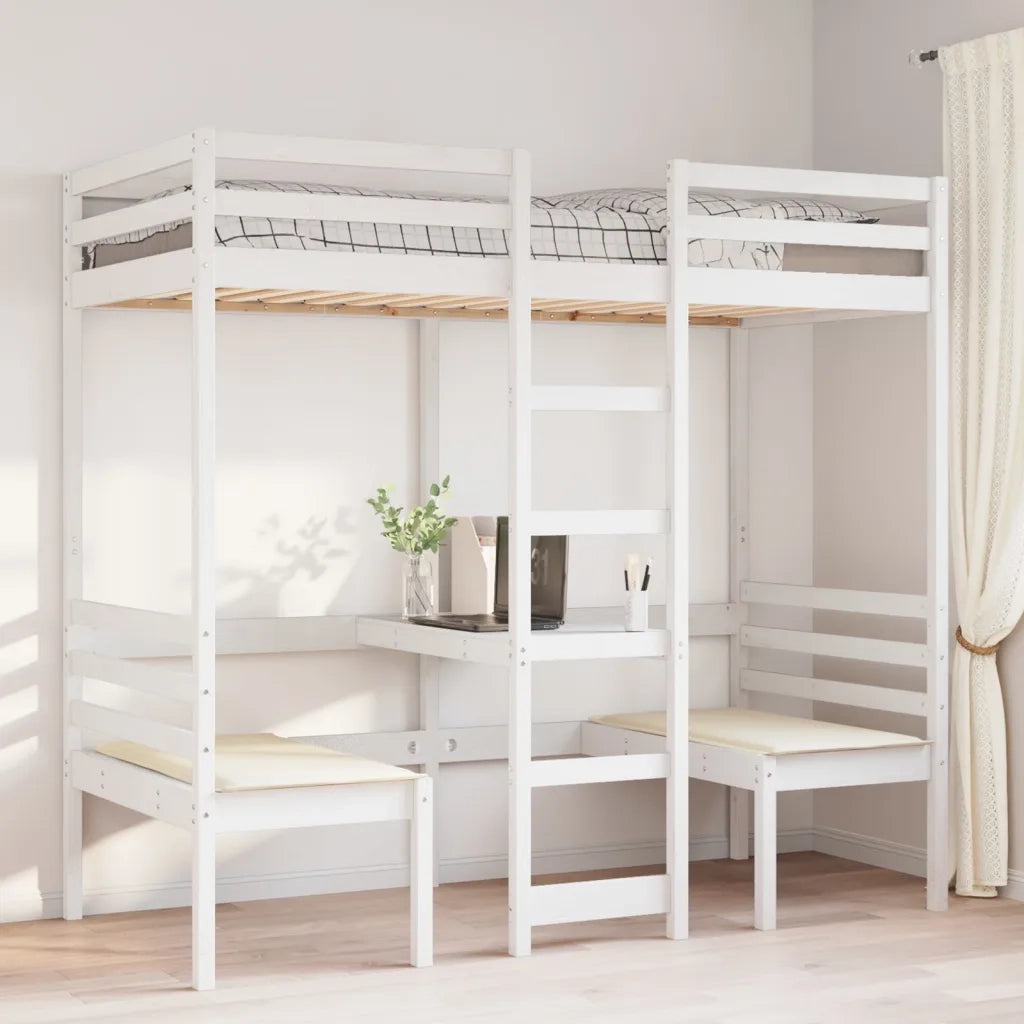 Giroletto Soppalco con Scrivania e Sedie-Struttura Letto Bianco 90x190cm Pino