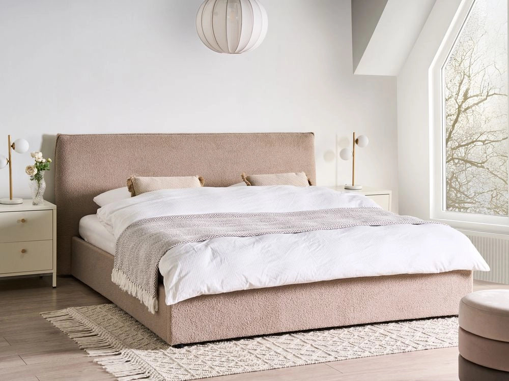 Letto matrimoniale con contenitore in tessuto bouclé tortora con testiera 180 x 200 cm Doghe in legno