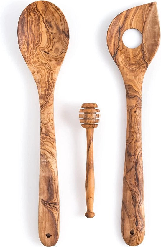Set di cucchiai in olivo di legno con riduttore di miele, 30 cm, manufatto artigianale, termoresistente e abrasione resistente, accessori da cucina, cucchiaio di legno, cucchiaio di risotto e riduttore di miele