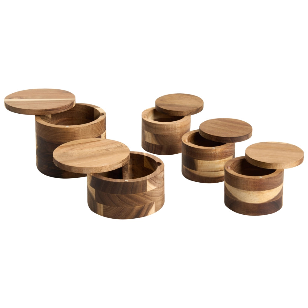 Set di 5 barattoli per spezie in legno di acacia marrone con coperchio - Contenitori per sale e pepe - Accessori decorativi da cucina