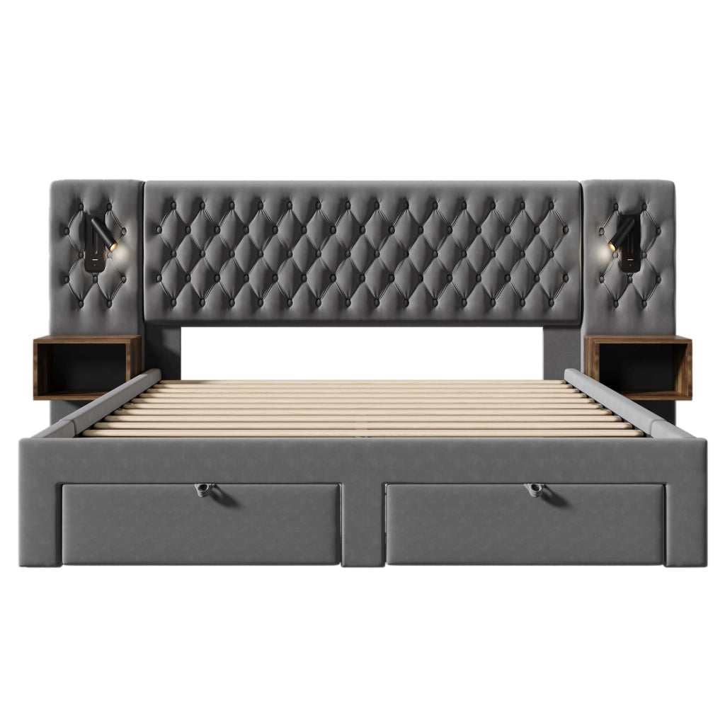 Letto matrimoniale 160x200 cm in velluto grigio con 2 comodini, 4 cassetti, luci lettura e USB/Type-C