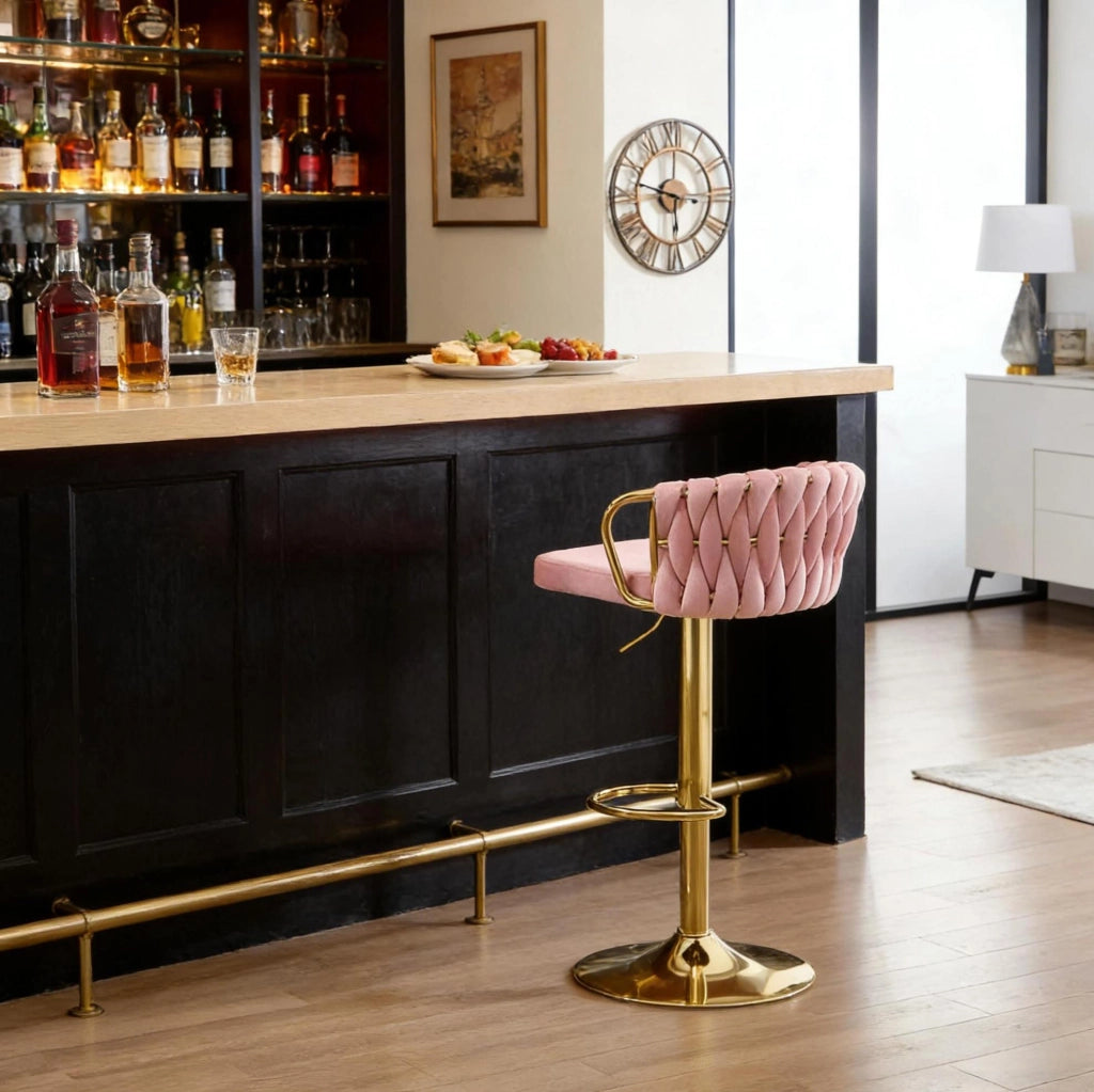 Sgabello da bar rosa in velluto regolabile e girevole 360°