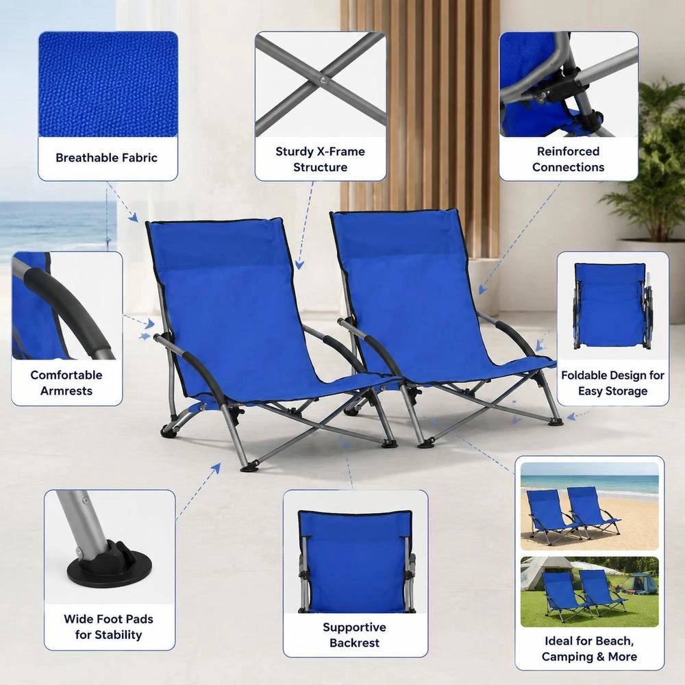 Folding Beach Chairs, 2 Pieces, Blue Fabric