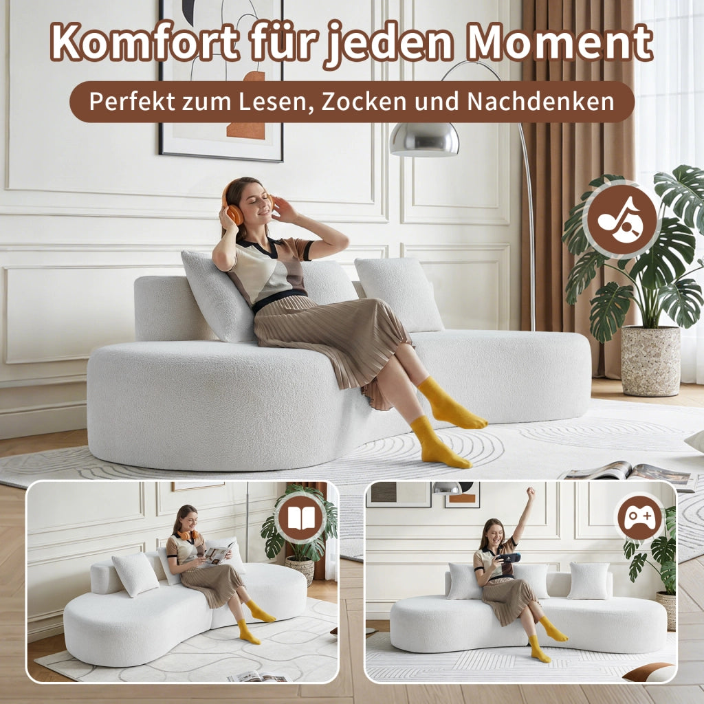 Divano ad angolo modulare a 3 posti con design curvo e cuscini decorativi, in tessuto bianco per soggiorno e appartamento