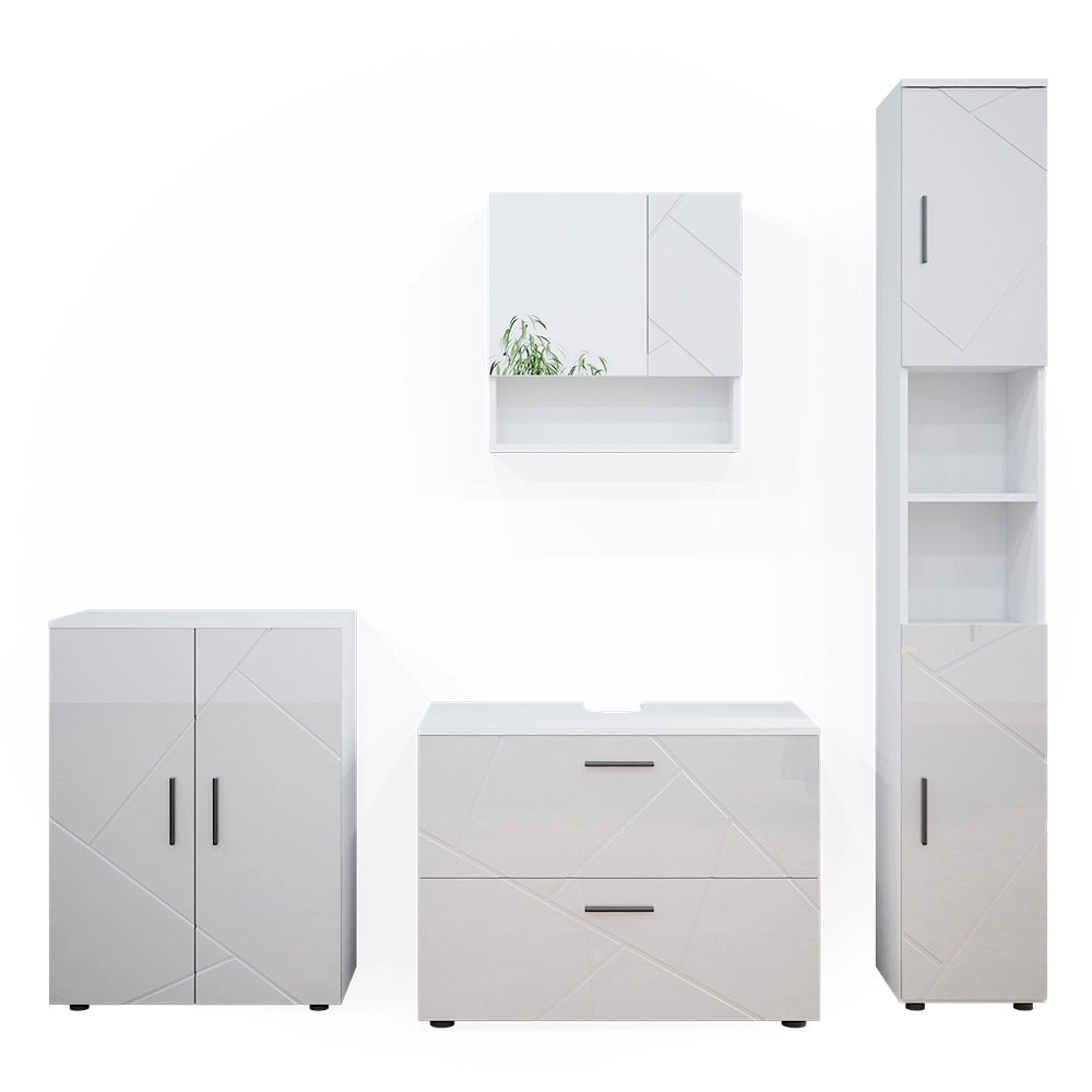 Vicco Set mobili bagno Bianco lucido 4 pezzi, con cassettiera e mobile midi