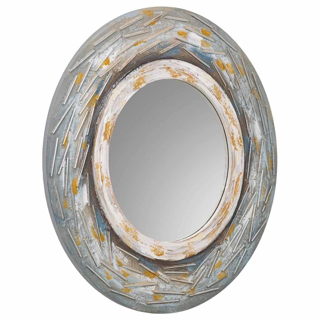 Specchio rotondo in legno con rilievo blu d90x2h