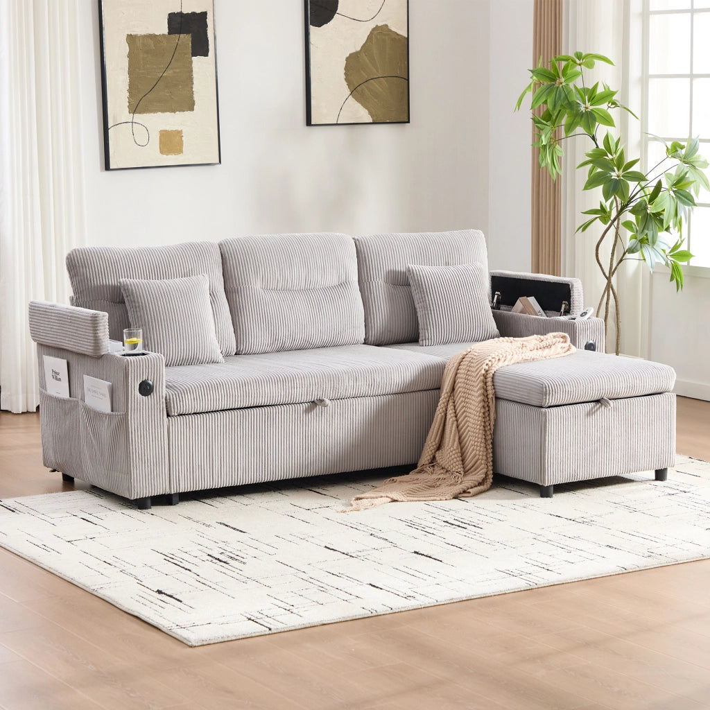 Divano letto a 3 posti con chaise longue idraulica, letto estraibile, USB-C e tessuto a coste grigio chiaro