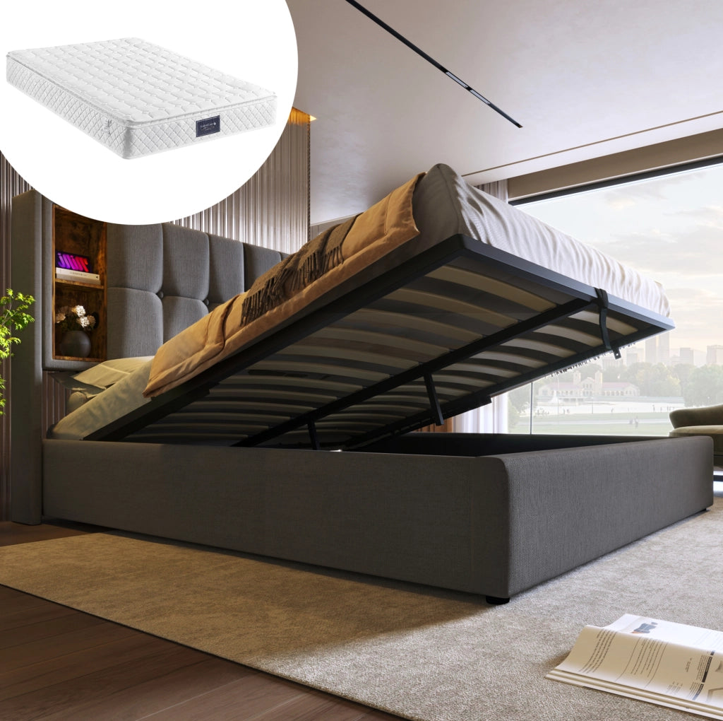 Letto matrimoniale imbottito con contenitore; ricarica wireless; USB e Type-C; 160x200 cm; grigio
