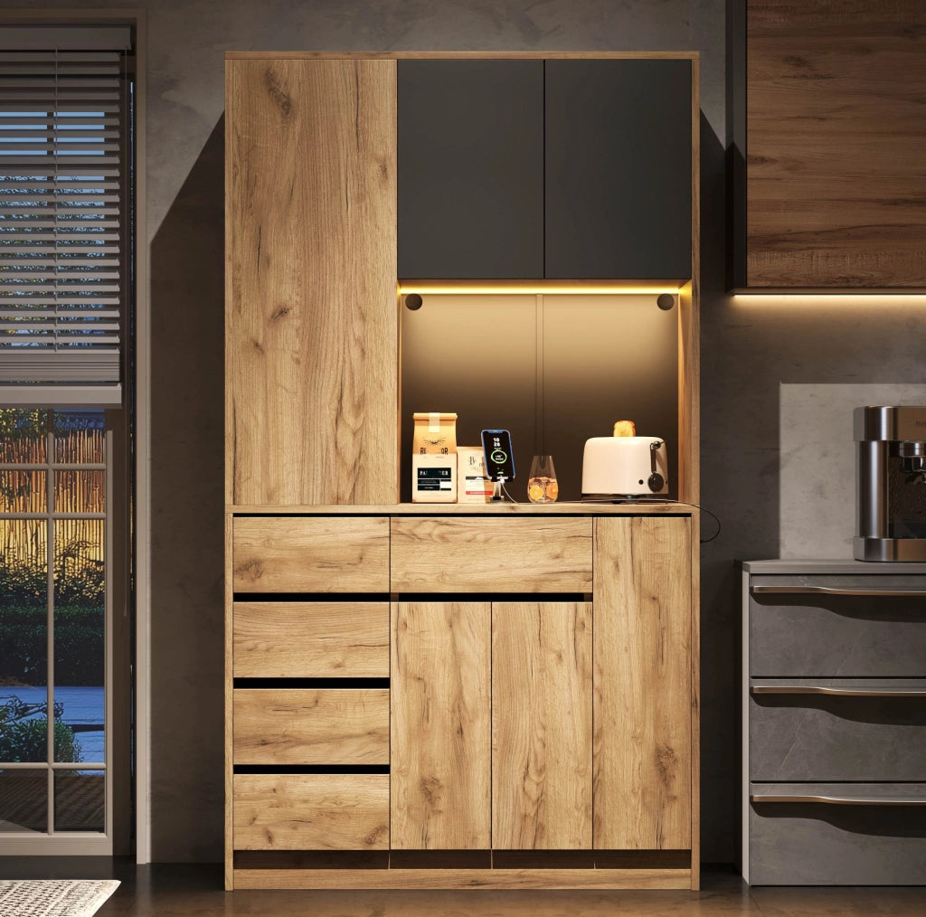 Credenza da cucina 185 x 105 x 40 cm in MDF; nero e naturale; con LED e prese