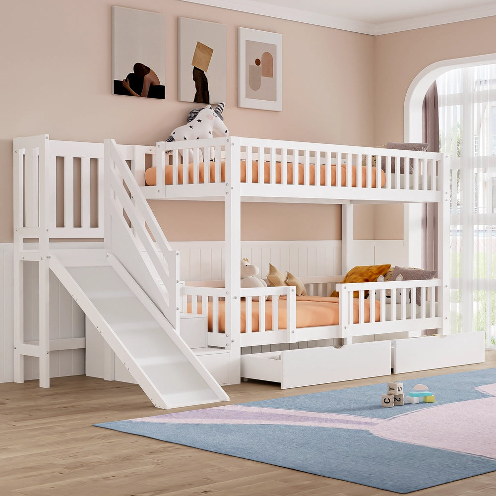 Letto a Castello per Bambini con Scivolo, Cassetti e Porta Magnetica ¨C MINIMAL ¨C Massello Bianco 90x200