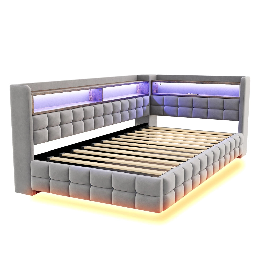 Letto contenitore singolo 90×200 cm con LED; USB e Type-C; ripiani e vano idraulico; senza materasso; grigio chiaro