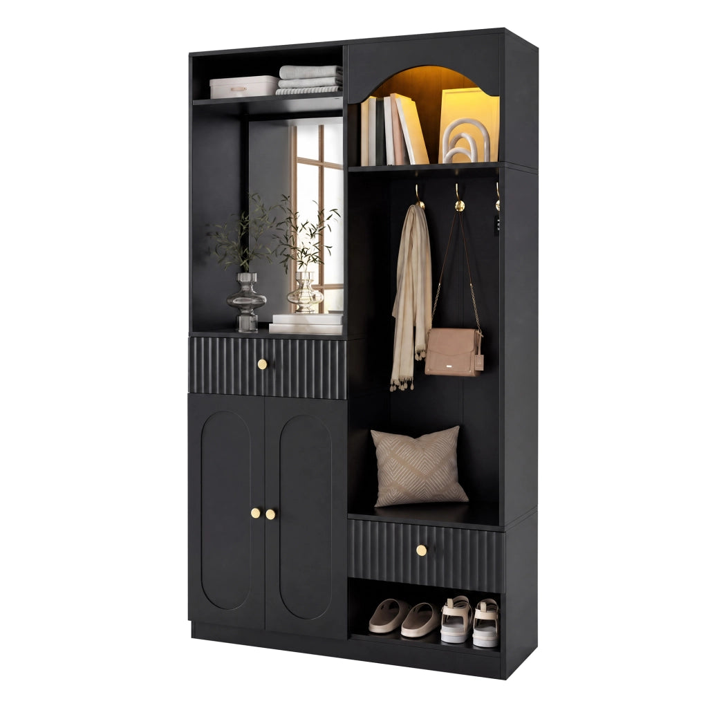 Guardaroba da ingresso con specchio; panca; ganci; vani e LED multicolore; in MDF nero; 100 Ã— 35 Ã— 180 cm