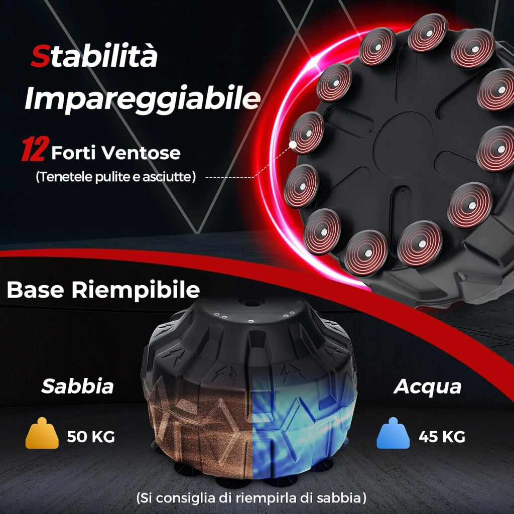 Sacco da Boxe da Terra, Pungiball Autoportante con Base Riempibile, 12 Ventose e Ammortizzatori per Adulti e Adolescenti, Punching Ball in Piedi per Allenamento in Casa e Ufficio