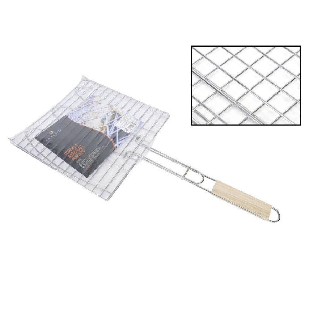 Trade Shop - Griglia Quadra Barbecue Doppia Grill Manico Legno Graticola Arrosto Pesce 28x28cm -