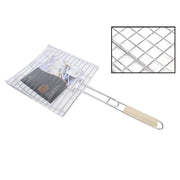 Trade Shop - Griglia Quadra Barbecue Doppia Grill Manico Legno Graticola Arrosto Pesce 28x28cm -