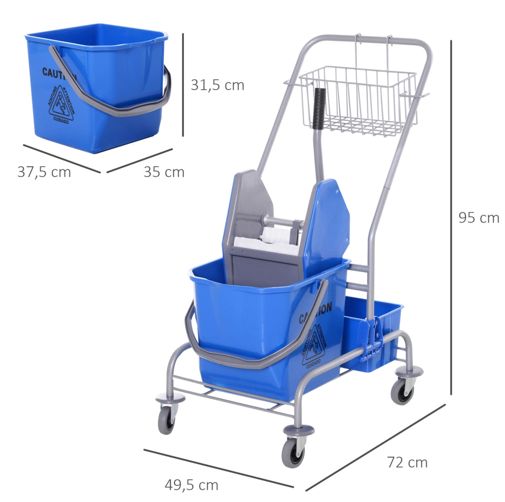 Carrello per pulizie ULEVR con secchio da 25 L, strizzatore, cestello e 4 ruote, blu