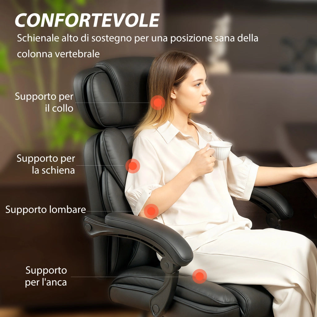 Sedia da Ufficio Presidenziale 69x72x118-126 cm con Poggiapiedi e Supporto Lombare in Pelle PU Nero