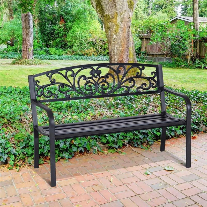PANCHINA DA GIARDINO CON SCHIENALE DECORATO 127 X 60 X 87 CM METALLO NERO