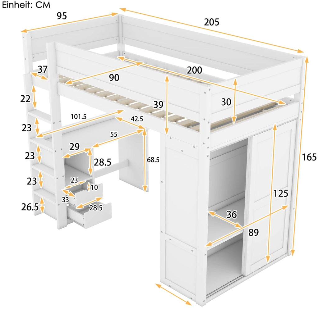 Letto a soppalco per bambini 90x200 cm con scrivania e armadio